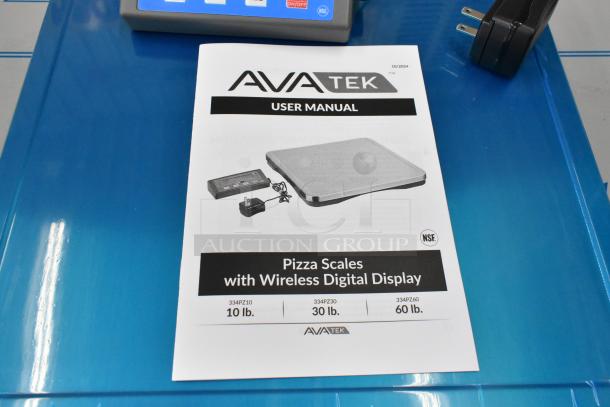 AvaTek 334PZ60 pizza scale user manual on table. Includes images of wireless digital display and power adapter.