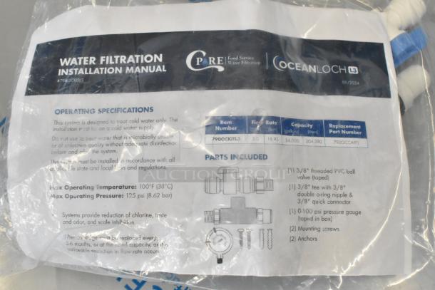 BRAND NEW C Pure Oceanloch L3 Triple Water Filtration System installation manual, 790OCKITL3, 5 GPM, includes cartridges and pressure gauge.