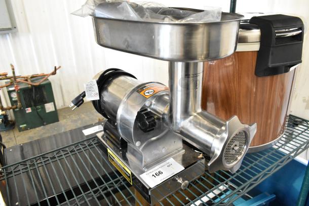BRAND NEW SCRATCH AND DENT 2024 Backyard Pro 554BSG12 Stainless Steel Electric Meat Grinder, 120V, 1 Phase, on shelf.