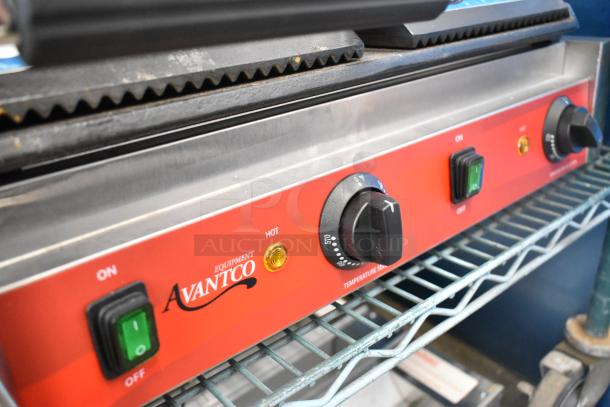 Brand new Avantco 177PG400GS Panini Grill, stainless steel, dual plates, 19 5/8"x9 1/8" surface, 120V, grooved top, smooth bottom.