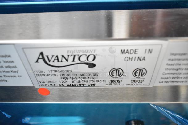Avantco 177PG400GS label showing specs: 120V, 3500W, ETL listed. New commercial dual panini grill, made in China.