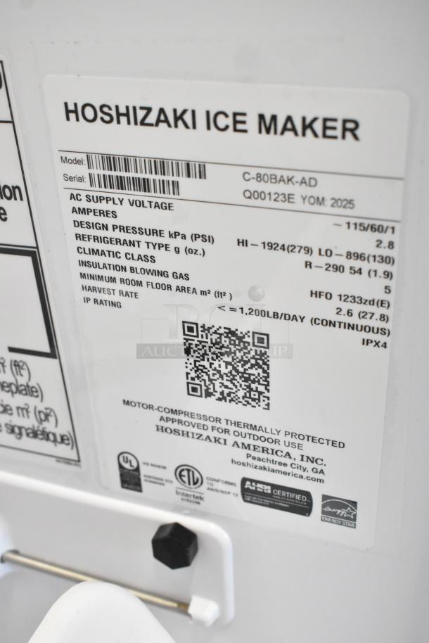 2025 Hoshizaki C-80BAK-AD Ice Machine label, showing model, voltage, and compliance details. Brand new, scratch and dent.