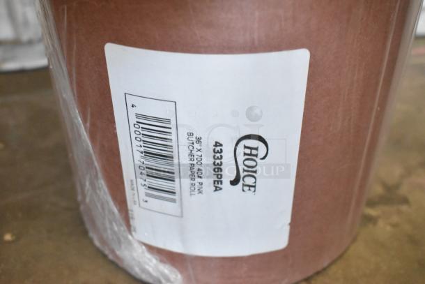 Brand new Choice 43336PEA butcher paper roll, 36" x 700', 40 lb., pink/peach. Label shows product details. Scratch and dent condition.