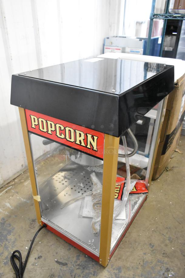Brand new Benchmark USA 11080 popcorn machine, 8 oz, red, scratch and dent, 2023 model, 120V, 1 phase, street vendor style.