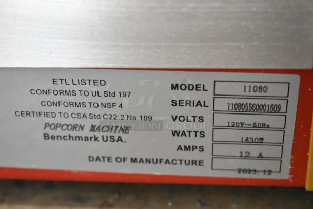 BRAND NEW SCRATCH AND DENT! 2023 Benchmark USA 11080 Street Vendor 8 oz. Red Popcorn Machine label. ETL, NSF, CSA certified. 120V.
