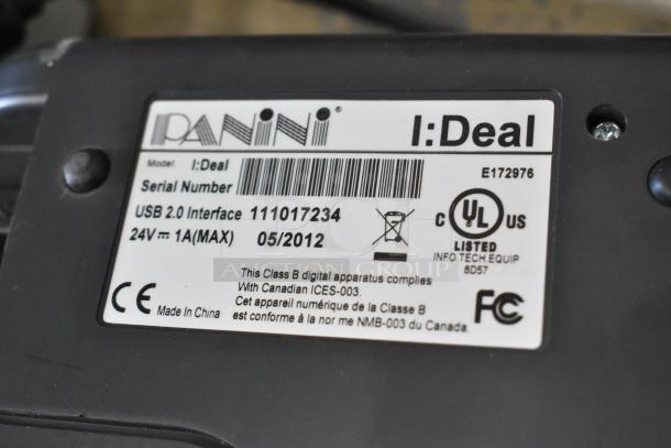 Panini I:Deal credit card reader label showing model, serial number, USB interface, power specs, and certification marks.