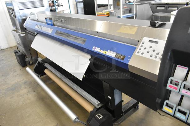 Soljet Pro III XC-540 large format printer on casters, 100-120V, 1 phase. Features control panel, labels, and paper roll.