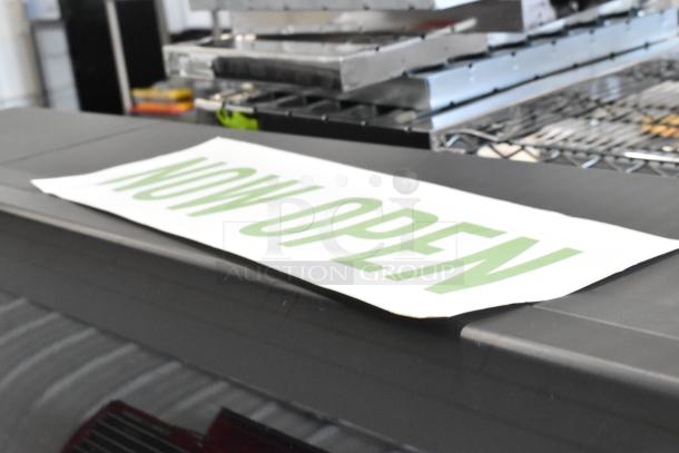 HP DesignJet Z6100 Printer, large format, floor style, 115V, 1 phase, with "NOW OPEN" sign on top.