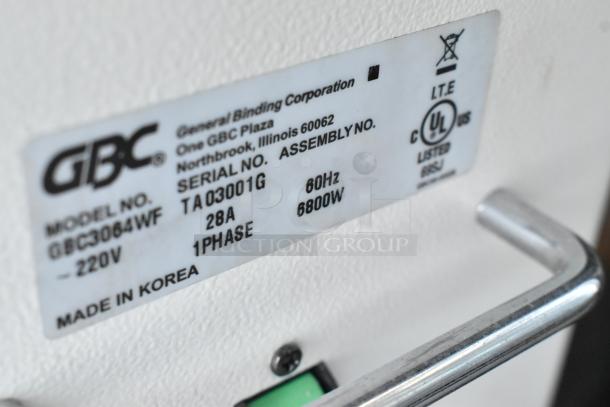 GBC GBC3064WF large format printer label showing model, voltage, phase info; 220V, 1 phase, 6800W; made in Korea.