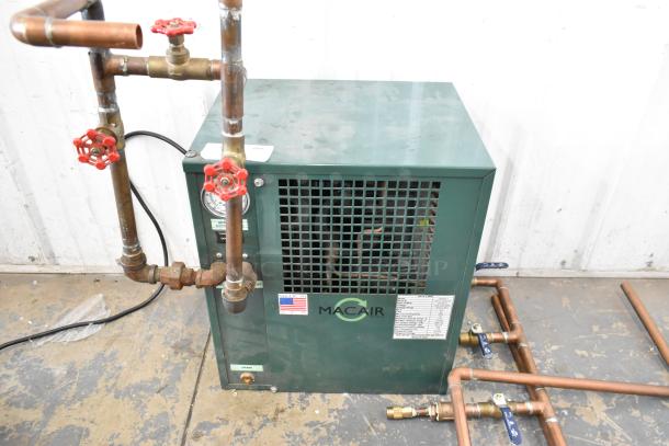 Macair HX25A-1 metal refrigerated air dryer, 115V, 1 phase. Features green housing, pressure gauge, and labeled control panel.