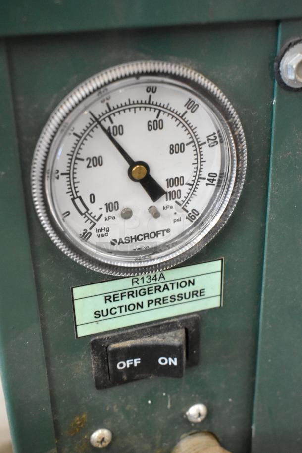 Macair HX25A-1 Metal Refrigerated Air Dryer gauge showing pressure readings, with on/off switch and R134A label visible.