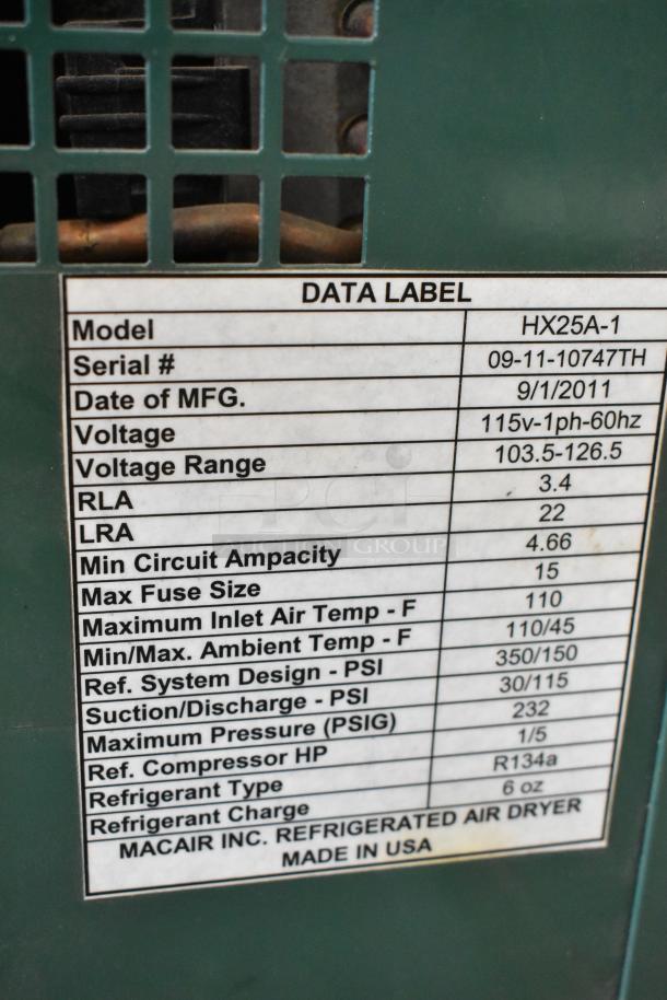 Macair HX25A-1 Refrigerated Air Dryer, 115 Volts, 1 Phase. Data label shown with manufacturing details and specs.