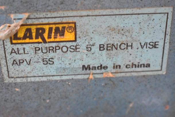 Larin APV-5S All Purpose 5" bench vise label, shows wear, Made in China, functional issue: tightens but will not loosen.