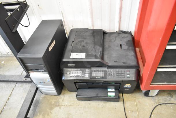 Brother MFC-JB710DW printer and Compaq computer tower, both in used condition. Printer has a visible number “185.”