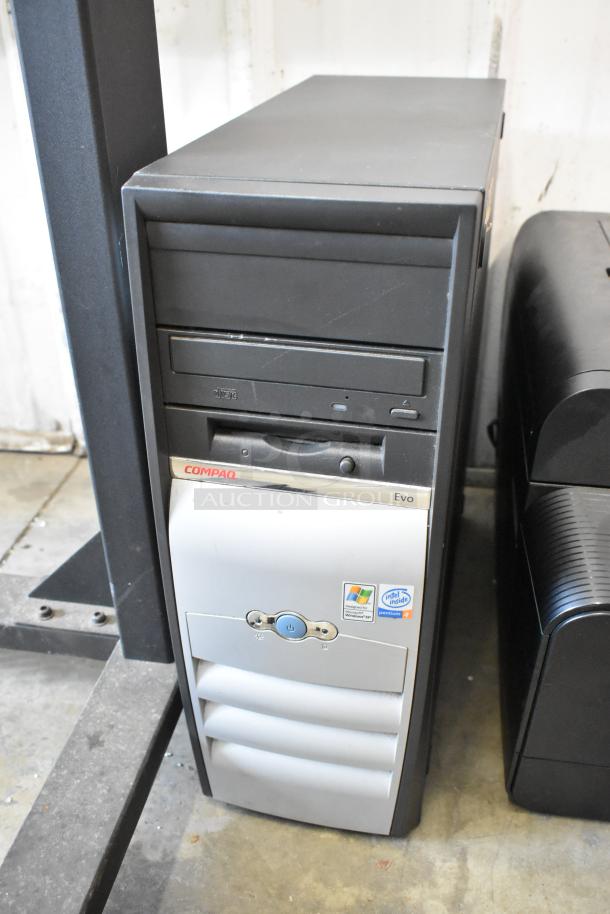 Compaq Evo computer tower with optical drive and power button; adjacent to the Brother MFC-JB710DW printer.