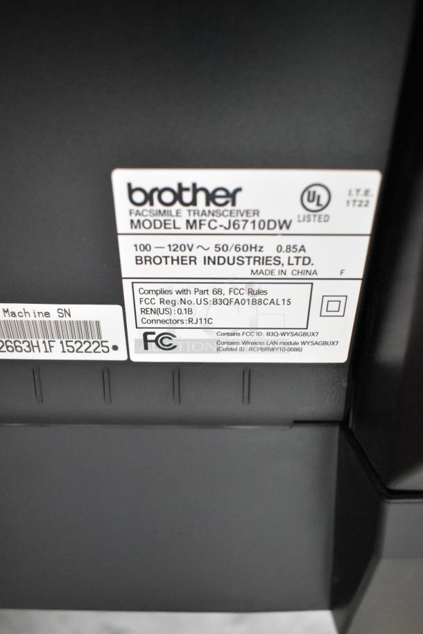 Brother MFC-J6710DW printer label showing model details and FCC compliance information.