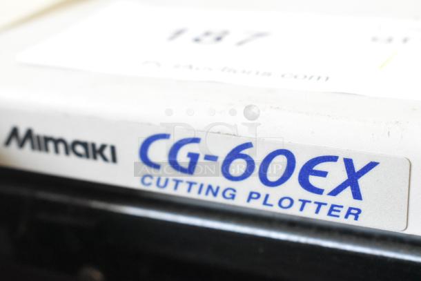 Mimaki CG-60EX Cutting Plotter, 120 Volts, 1 Phase, label close-up, shows model and brand name.
