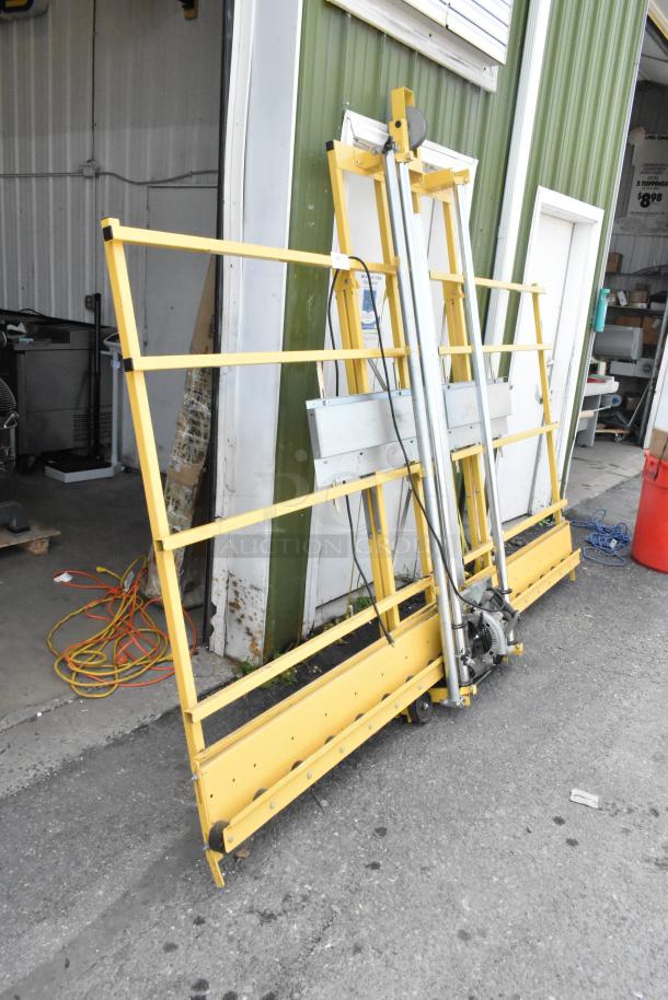 SawTrax metal frame with Porter Cable 324MAG 7-1/4" circular saw, heavy duty, yellow frame, industrial use.