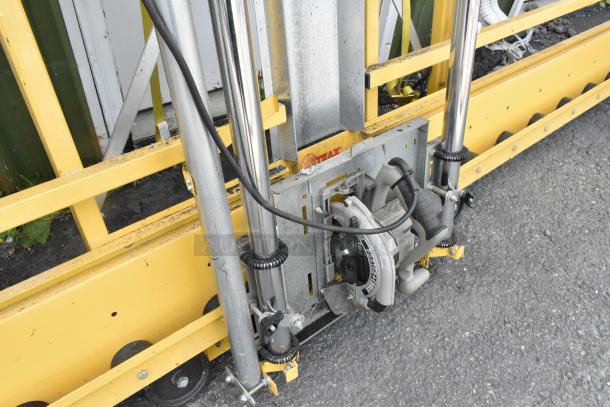 SawTrax metal frame with Porter Cable 324MAG 7-1/4" heavy-duty circular saw, yellow frame, good condition.