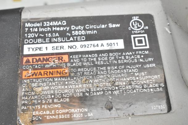 SawTrax metal frame featuring Porter Cable 324MAG 7-1/4" heavy duty circular saw. Model 324MAG, Type 1, Serial No: 092764 A 5011.