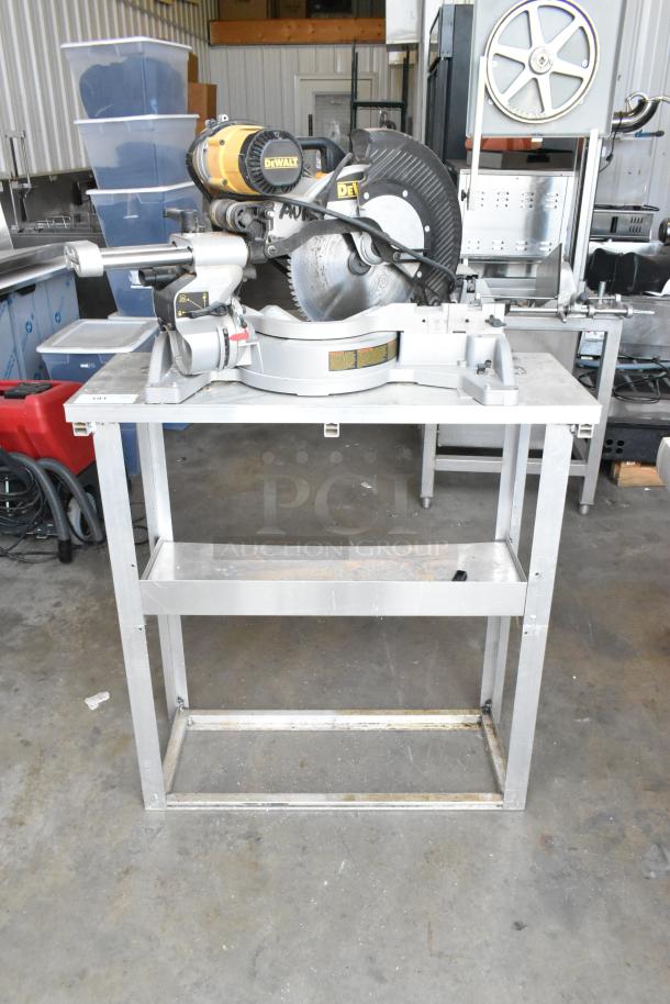 DeWalt DW718 15 Amp corded miter saw on metal stand. Single bevel, 120V, 1 Phase. Good condition, visible DeWalt labels.