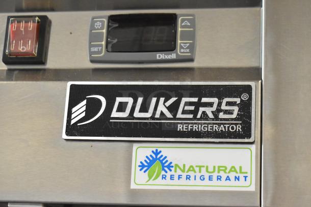 Dukers D55AR stainless steel 2-door reach-in cooler with poly-coated racks and commercial casters, 115V, 1 phase.