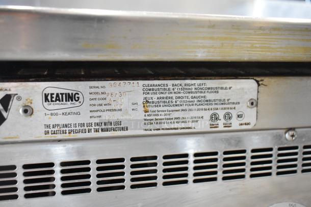 Keating Miraclean 48X30 stainless steel commercial griddle, chrome top, natural gas, 120,000 BTU, thermostatic controls.