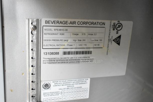 Beverage Air SPE48HC-08 label showing model, refrigerant, electrical ratings, and safety certifications.