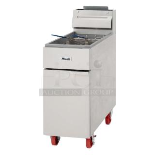 BRAND NEW SCRATCH AND DENT! 2024 Migali C-F35-NG Stainless Steel Commercial Floor Style Natural Gas Powered Deep Fat Fryer w/ 2 Metal Fry Baskets. Missing Back Splash. 66,000 BTU. Serial C-F35-NG2404130007