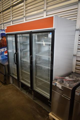 Standex MBGRP74-HG Metal Commercial 3 Door Reach In Cooler Merchandiser w/ Poly Coated Racks. 115/208-230 Volts, 1 Phase.