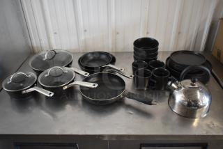ALL ONE MONEY! Lot of Various Items Including Sauce Pans, Skillets, Mugs, Bowls, and Plates