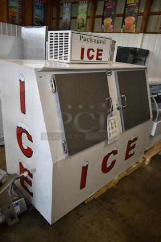 BRAND NEW SCRATCH AND DENT! 2024 Leer L060SASP Outdoor Auto Defrost Ice Merchandiser with Slanted Front and Galvanized Steel Doors. 115 Volts, 1 Phase. - Item #1189173