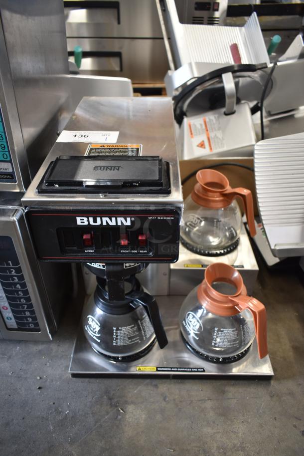 Bunn VP17-3 Stainless Steel Commercial Countertop 3 Burner Coffee Machine w/ 3 Coffee Pots and Poly Brew Basket. 120 Volts, 1 Phase. - Image 1 of 7
