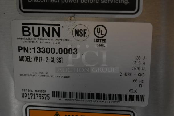 Bunn VP17-3 Stainless Steel Commercial Countertop 3 Burner Coffee Machine w/ 3 Coffee Pots and Poly Brew Basket. 120 Volts, 1 Phase. - Image 6 of 7