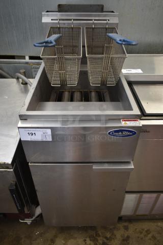 CookRite Stainless Steel Commercial Floor Style Gas Powered Deep Fat Fryer w/ 2 Metal Fry Baskets on Commercial Casters.