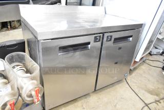 Hoshizaki CRMR48-W Stainless Steel Commercial 2 Door Work Top Cooler on Commercial Casters. 115 Volts, 1 Phase.