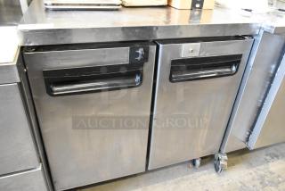 Blue Air BLUR36 Stainless Steel Commercial 2 Door Undercounter Cooler on Commercial Casters. 115 Volts, 1 Phase.