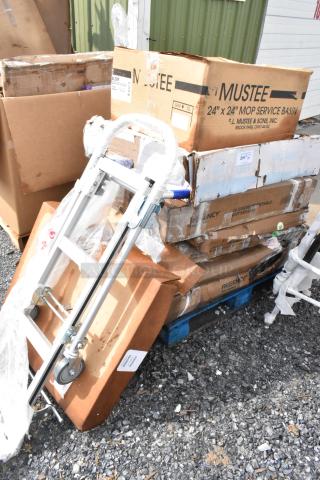 8 BRAND NEW SCRATCH AND DENT! Items Including 475CARTFD3SM Lavex 26 13/16" x 16 1/8" x 36" Small Black 3-Shelf Folding Plastic Utility Cart with Ergonomic Handles, 600TSB2430S Regency 24" x 30" 16-Gauge Stainless Steel Commercial Work Table with 4" Backsplash and Undershelf, 460EC3048 Regency 30" x 48" Chrome Wire Shelf. 8 Times Your Bid!