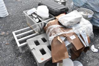 ALL ONE MONEY! Lot of Various Items Including Gray Poly Dunnage Rack, Metal Dunnage Rack, Poly Dome Covers, Round Metal Lids, Black Poly Bins.