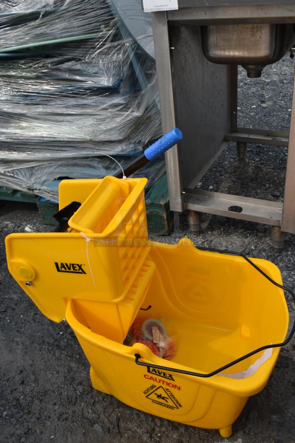 BRAND NEW SCRATCH AND DENT! 274MOPBCKTYE Lavex 35 Qt. Yellow Mop Bucket & Side Press Wringer Combo - Image 4 of 7