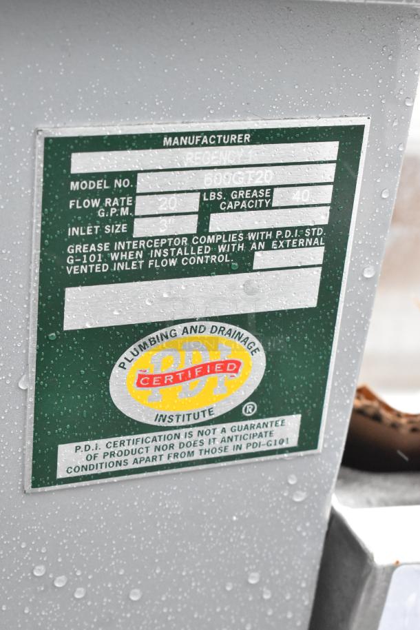 BRAND NEW SCRATCH AND DENT! Regency 600GT20 40 lb. 20 GPM Grease Trap with 3" Non-Threaded Connections - Image 7 of 7