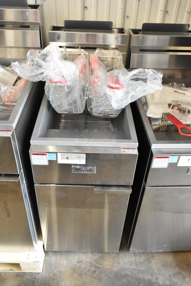 BRAND NEW! 2024 Migali C-F35-NG Stainless Steel Commercial Floor Style Natural Gas Powered Deep Fat Fryer w/ 2 Metal Fry Baskets. 66,000 BTU. Serial C-F35-NG2404130007 - Image 11 of 12