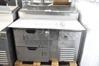 BRAND NEW SCRATCH AND DENT! Beverage Air DPD46-2 Stainless Steel Commercial Pizza Prep Table w/ 2 Drawers and Commercial Casters. 115 Volts, 1 Phase. - Item #1190374