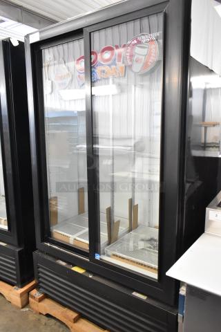 BRAND NEW SCRATCH AND DENT! Beverage Air MT49-1-SD Metal Commercial 2 Door Reach In Cooler Merchandiser w/ Poly Coated Racks. 115 Volts, 1 Phase.