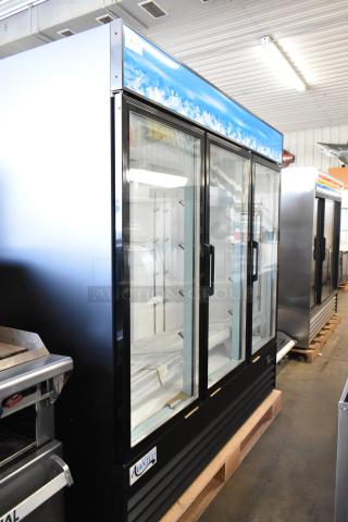 BRAND NEW SCRATCH AND DENT! 2023 Avantco 178GDC69HCB Metal Commercial 3 Door Reach In Cooler Merchandiser w/ Poly Coated Racks. 115 Volts, 1 Phase.