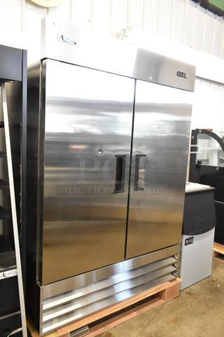 BRAND NEW SCRATCH AND DENT! 2024 Avantco 178A49FHC Stainless Steel Commercial 2 Door Reach In Freezer w/ Poly Coated Racks. 115 Volts, 1 Phase. - Item #1190381