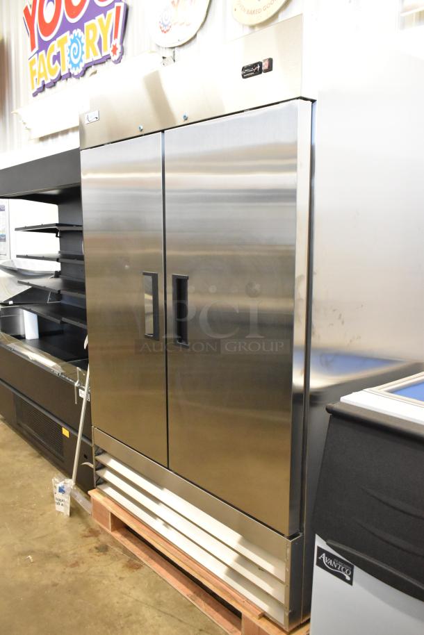 BRAND NEW SCRATCH AND DENT! 2024 Avantco 178A49FHC Stainless Steel Commercial 2 Door Reach In Freezer w/ Poly Coated Racks. 115 Volts, 1 Phase. Tested and Working! - Image 2 of 7