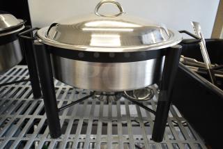 3 BRAND NEW SCRATCH AND DENT! Black Metal Chafer Frame w/ Stainless Steel Drop In and Lid. 3 Times Your Bid!