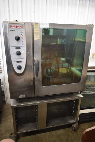 Rational Stainless Steel Commercial Natural Gas Powered Combi Convection Oven on Equipment Stand w/ Pan Rack on Commercial Casters.