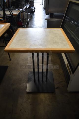 12 Gray Dining Height Table w/ Wood Pattern Rim on Metal Table Base. 12 Times Your Bid!